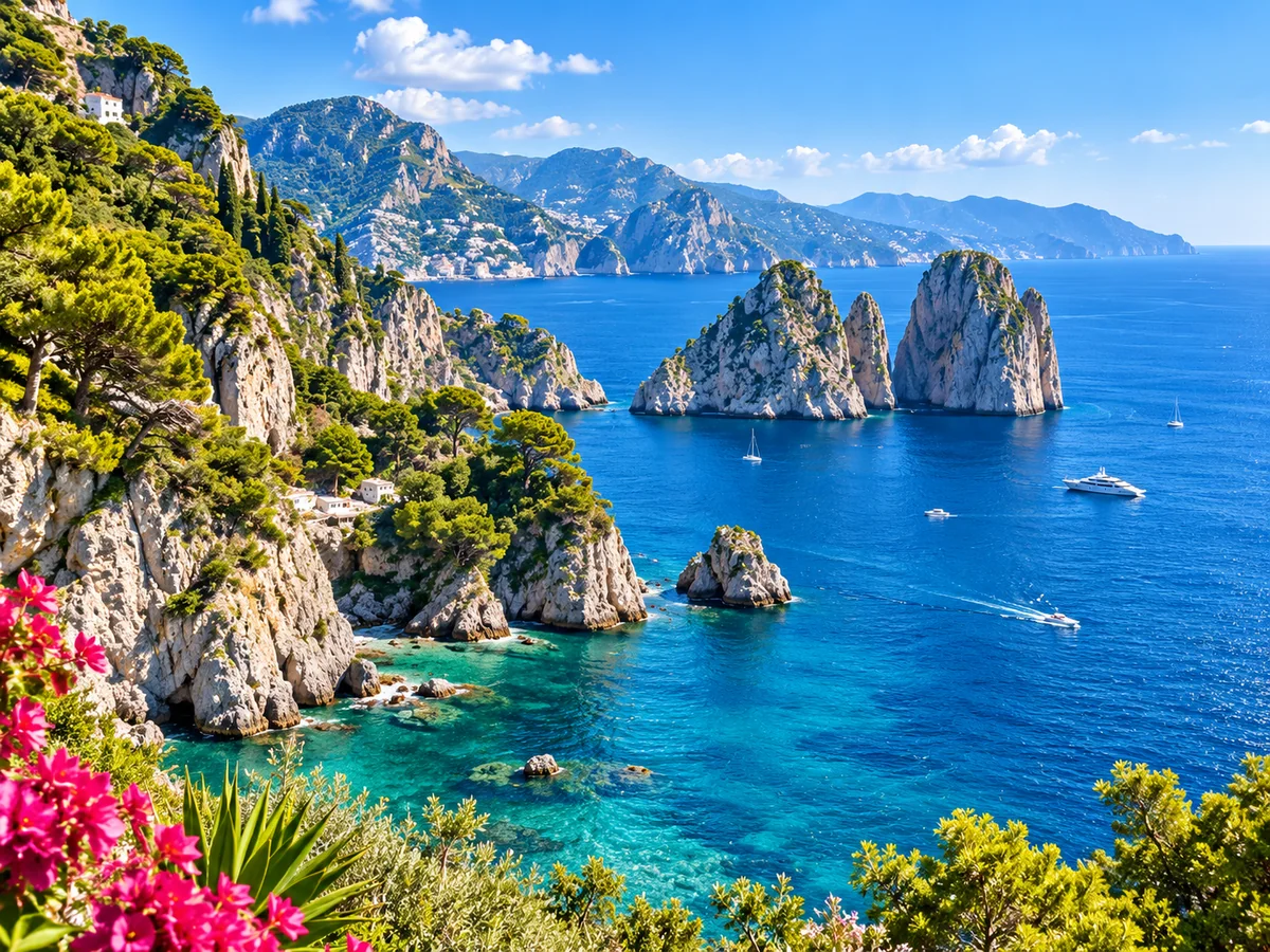 An illustrative Mediterranean coastline with limestone cliffs and blue water.