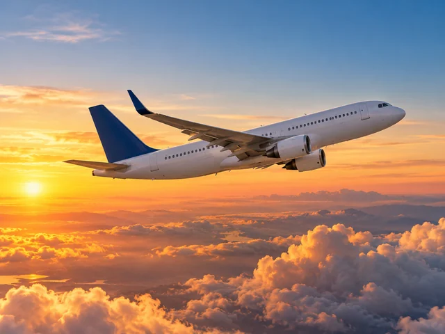 An illustrative passenger aircraft above the clouds at sunset.