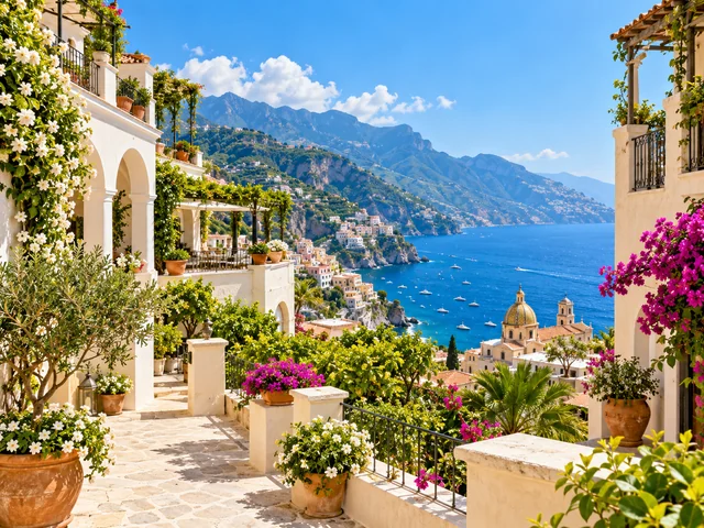 An illustrative Mediterranean hotel overlooking the coast.