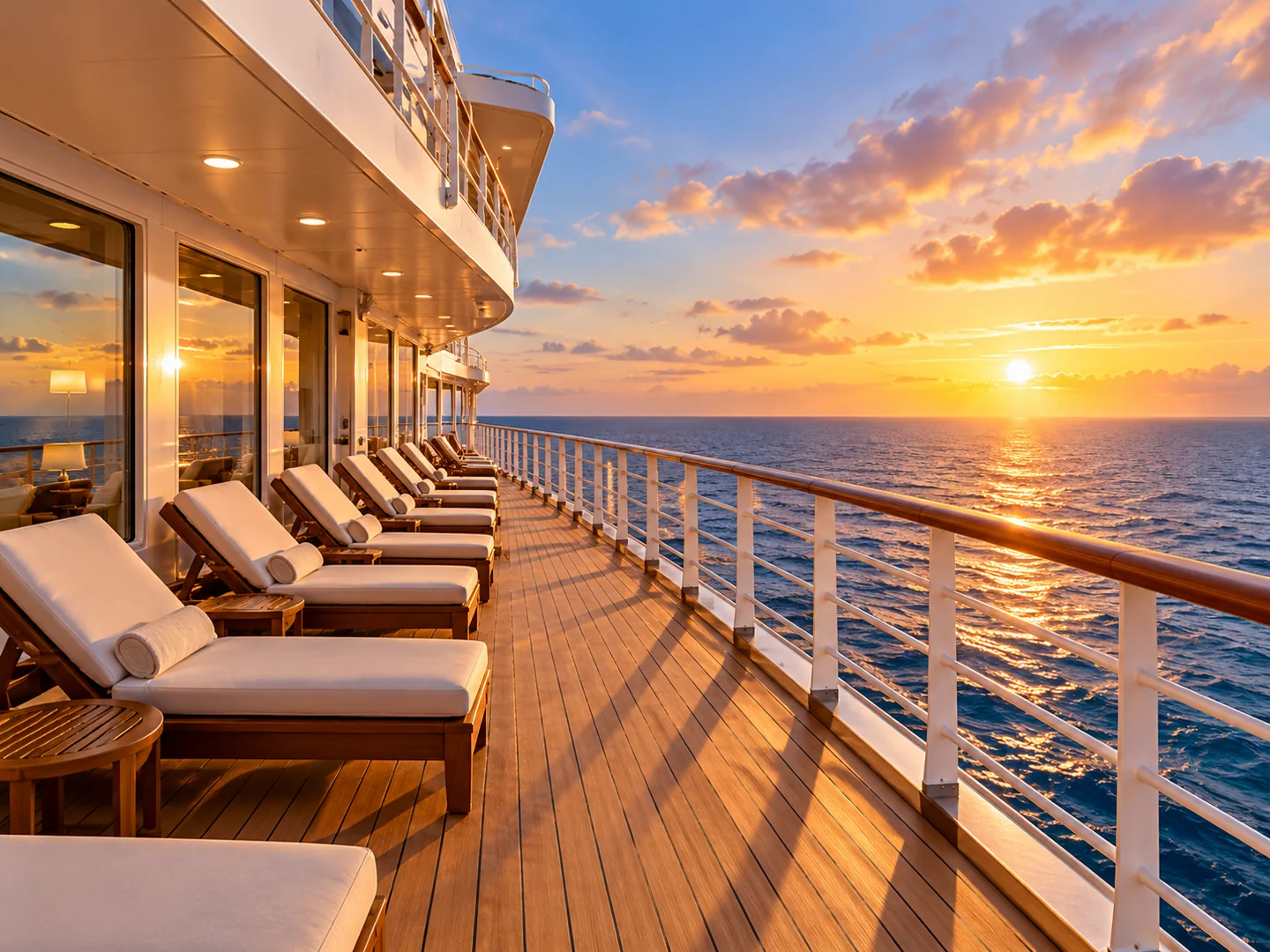 An illustrative cruise deck with sun loungers overlooking the sea at sunset.