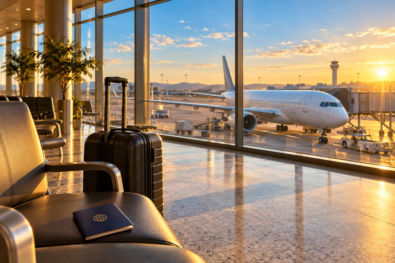 Carry-on luggage beside a sunlit airport lounge window, with an aircraft outside