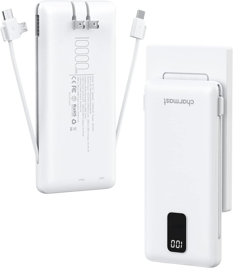 charmast Portable Charger Power Bank Built in Cables,10000mAh Battery Pack