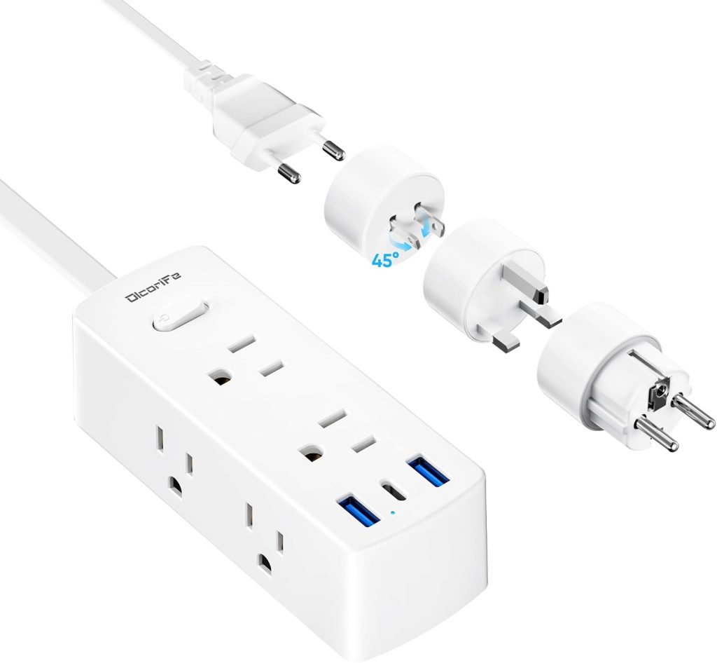 European Travel Plug Adapter, Olcorife Universal Travel Adapter for EU UK US AUS, 6 Outlets 3 USB Ports with 5ft Extension Cord, International Power Adapter for US to Europe UK AUS
