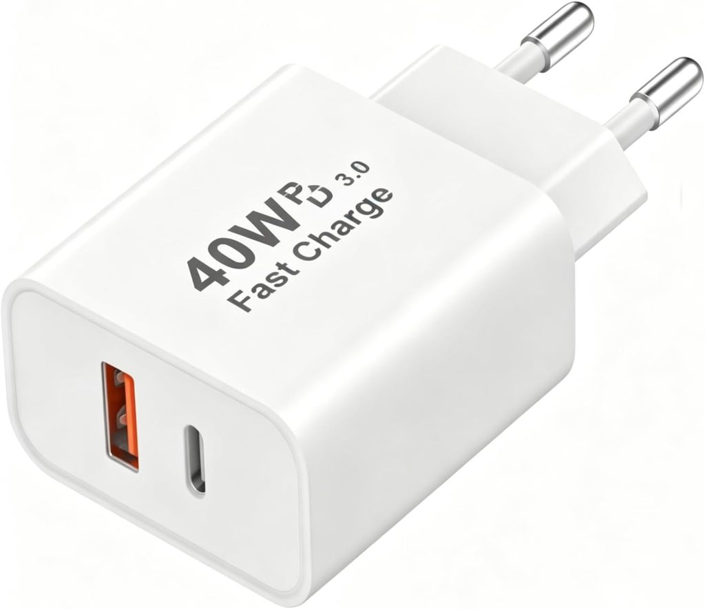 European Travel Plug Adapter 40W USB C A+C Dual Port Charger EU White