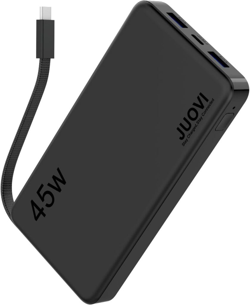 JUOVI 45W Portable Charger 15000mAh Power Bank Built-in USB-C Cable