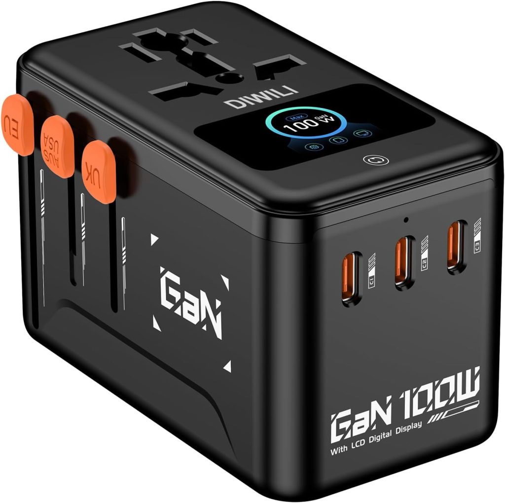100W GaN Universal Travel Adapter with Smart Display, 3USB-C/1USB-A