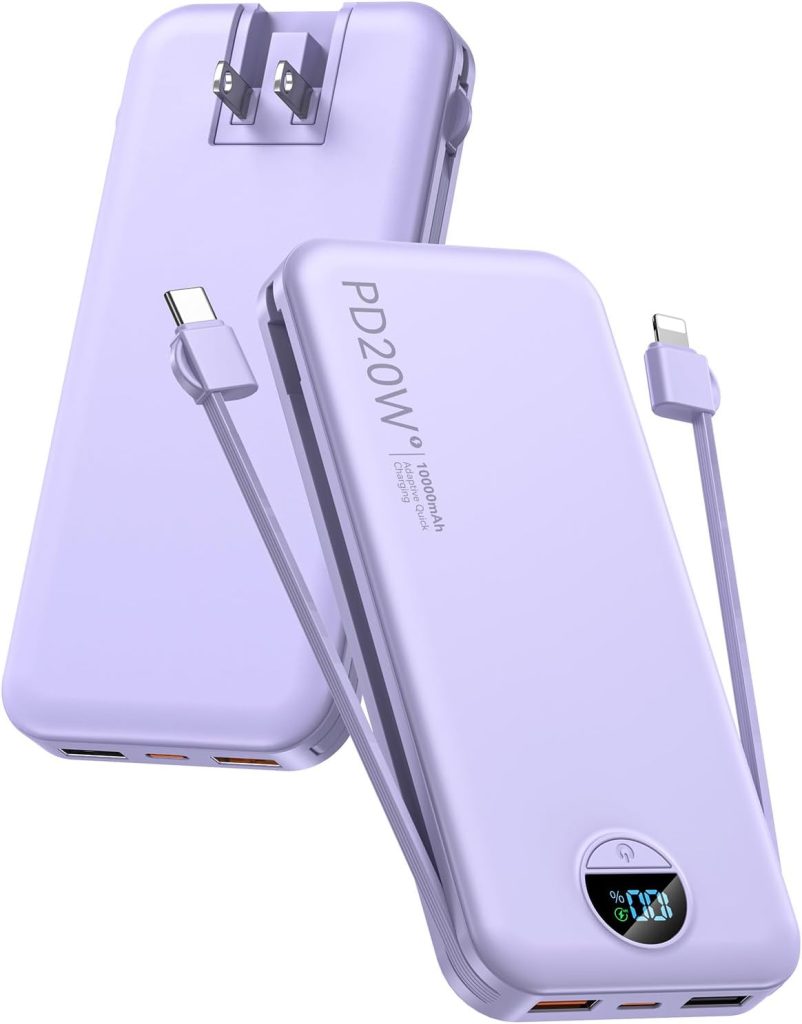 Portable Charger 10000mAh PD20W w/Built-in Cables & Wall Plug Purple
