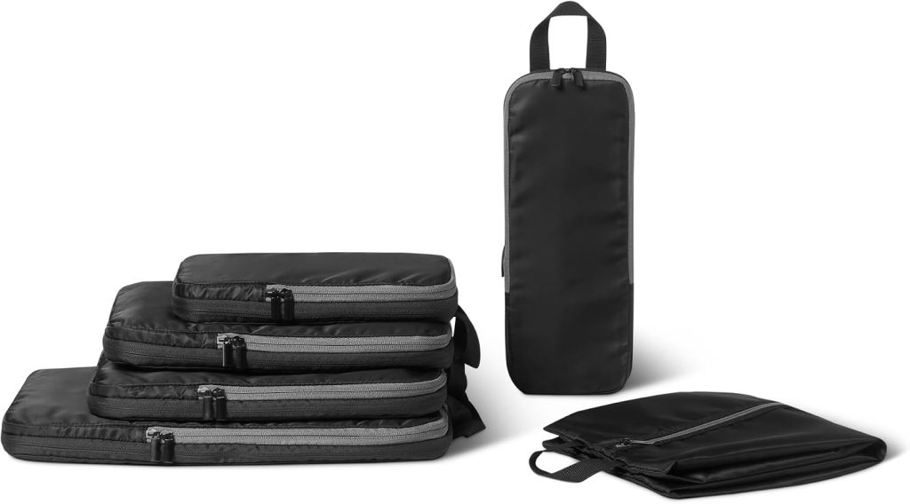 Amazon Essentials Ultralight Compression Packing Cubes, Recycled Fabric, 2 Zippers, 6-Pack, Black, for Suitcases or Backpacks