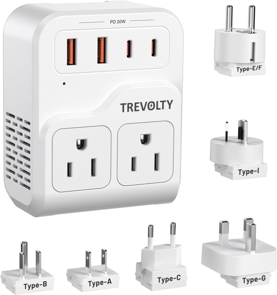2000W European Travel Plug Adapter with 2 USB-A & 2 USB-C (PD 20W) Ports, 7-in-1 Power Adapter Combo for 230+ Countries (White)