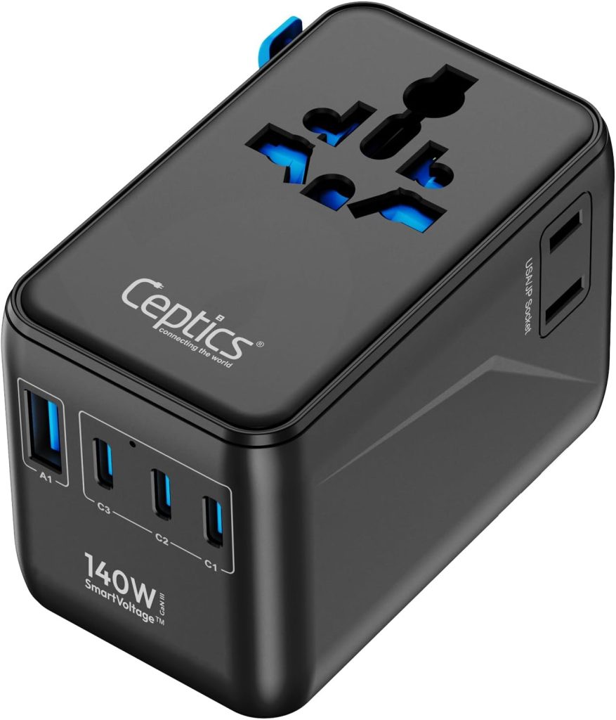 Ceptics Universal Travel Adapter, GAN 140W, 4 USB Ports & 2 Input sockets