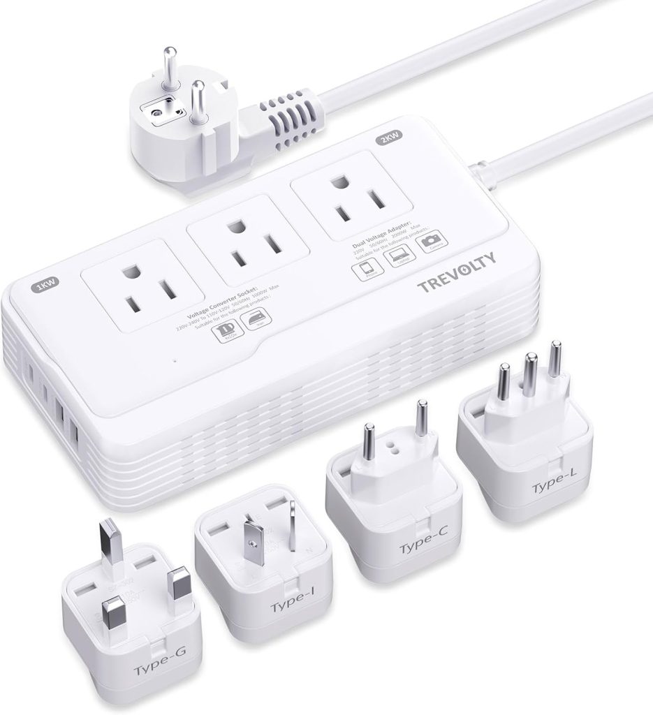 2000W Voltage Converter US to Europe for Hair Dryer, 220V to 110V Converter for European Travel with 3AC/2USB-A/2USB-C (PD20W), International Power Adapter with Type C/G/I/L/E/F (White)