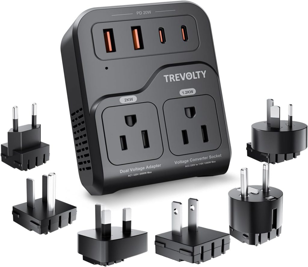 2000W Voltage Converter US to Europe, 220V to 110V Converter for Hair Dryer, 7-in-1 European Travel Plug Adapter with 3AC/2USB-A/2USB-C (PD20W), Type A B C E/F G I (Black)