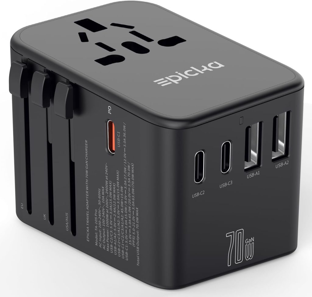 Epicka 70W GaN PD Universal Travel Adapter, 3USB-C/2USB-A