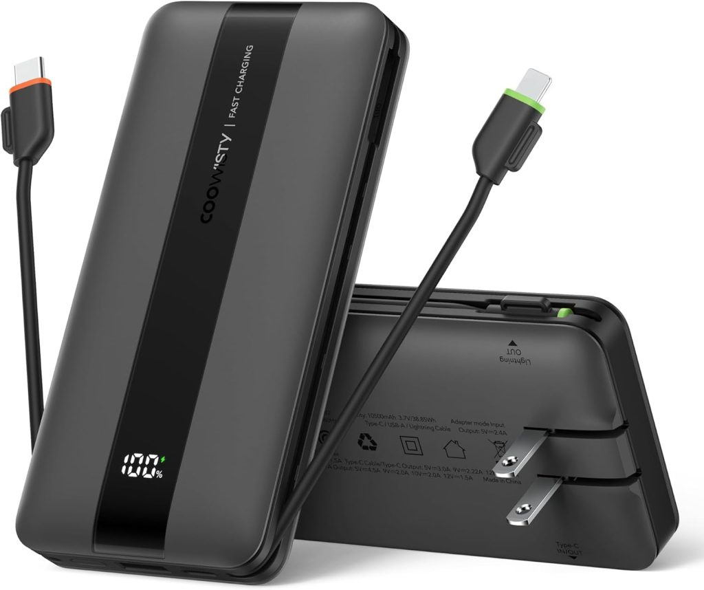 Portable Charger with Wall Plug, Fast Charging Power Bank Built-in Cables, Slim 10500mAh 22.5W 4 Outputs 3 Inputs LED Display External Battery Pack Compatible with iPhone/Android (Black)