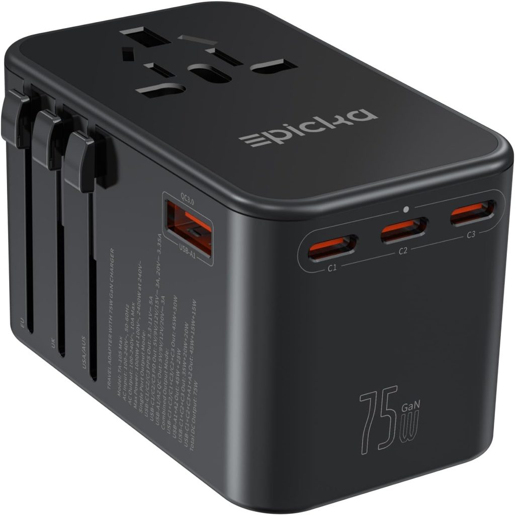 EPICKA 75W GaN PD Universal Travel Adapter, 3USB-C/2USB-A