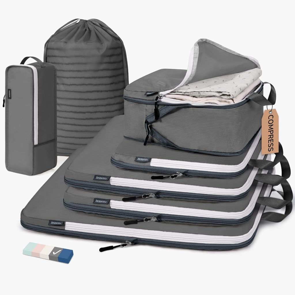 7 Set Compression Travel Packing Cubes for Suitcases, Grey