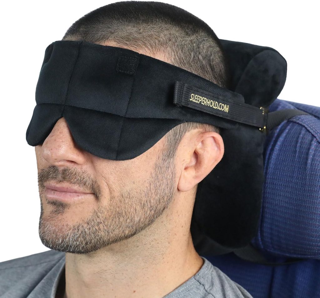 Travel Pillow - Real Sleeping Experience on Long Flights - Head Strap with Eye Mask - Super-Soft, Lightweight, Easy-to-Carry, and Machine-Washable Airplane Pillow