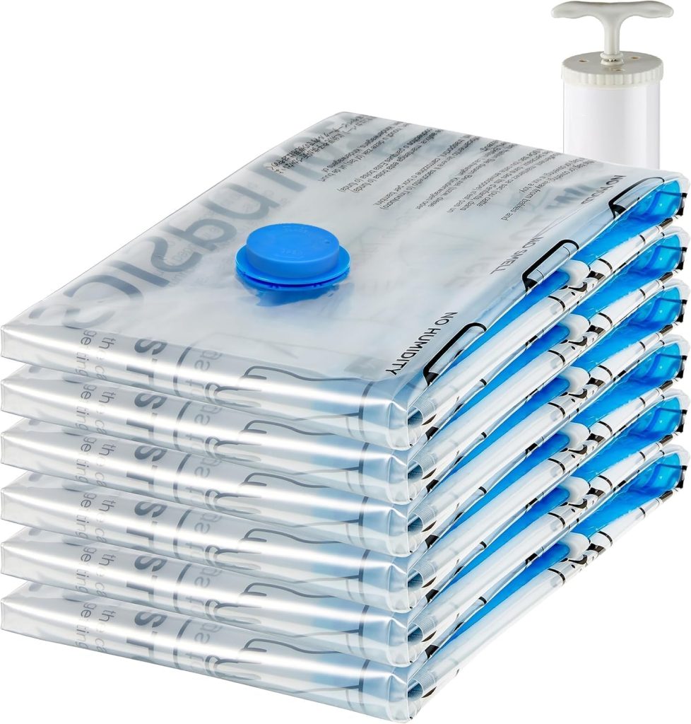 Amazon Basics Vacuum Storage Bags for Clothes, Space Saving Compression Storage Bags with Hand Pump, Heavy Duty, Stackable, Jumbo Size, Clear, 6-Pack