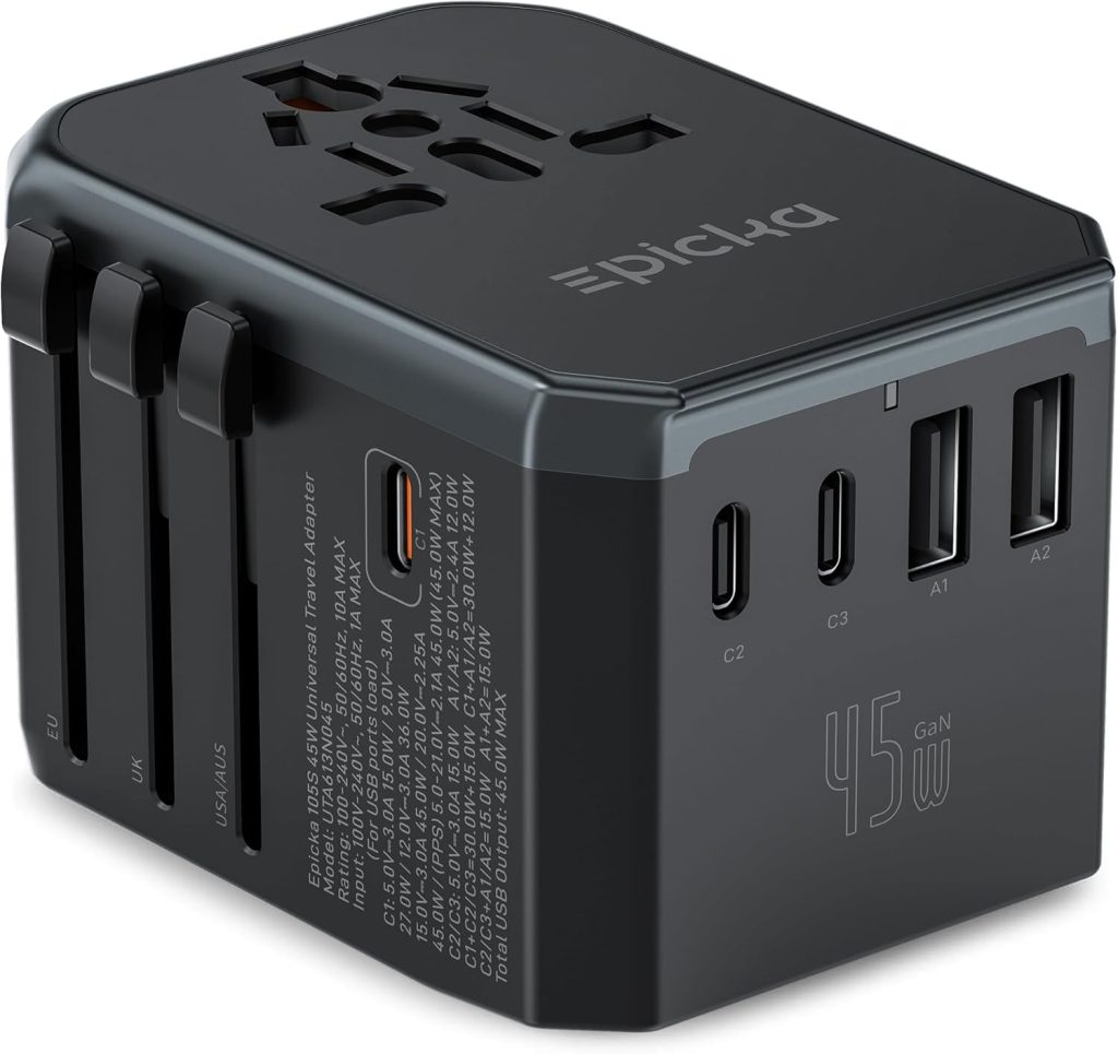 EPICKA 45W Universal Travel Adapter PD&QC, 1AC/3USB-C/2USB-A