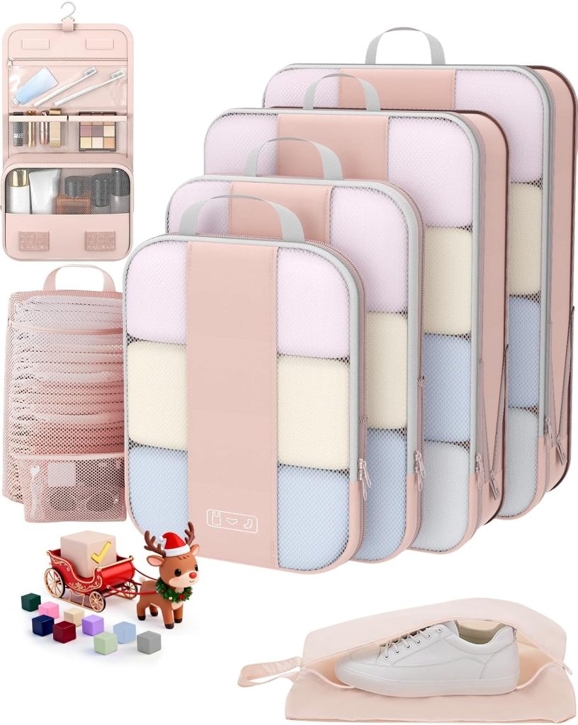 OlarHike 8 Set Compression Packing Cubes for Travel Gifts Mom Women,Airplane/Car/Cruise Travel Essentials,Compressible Expandable Space Saver Bags,Garment Bags with Over 1000 pcs Mesh Holes(Beige)