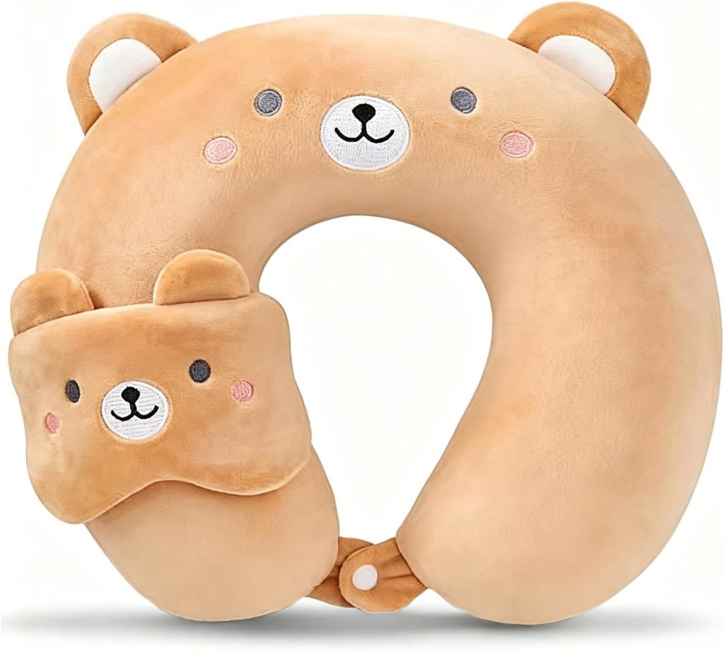 Heliar Travel Neck Pillow with Sleep Eye Mask for Kids Adult, Cute Soft Plush Memory Foam Neck Pillow for Traveling Flight Sleeping Headrest, Airplane, Cars - Bear