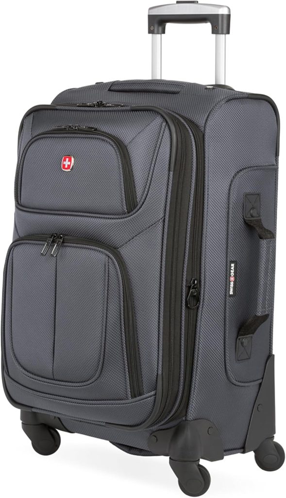 SwissGear Sion Softside Expandable Spinner Luggage Durable Lightweight Travel Suitcase, Dark Grey, Carry-On