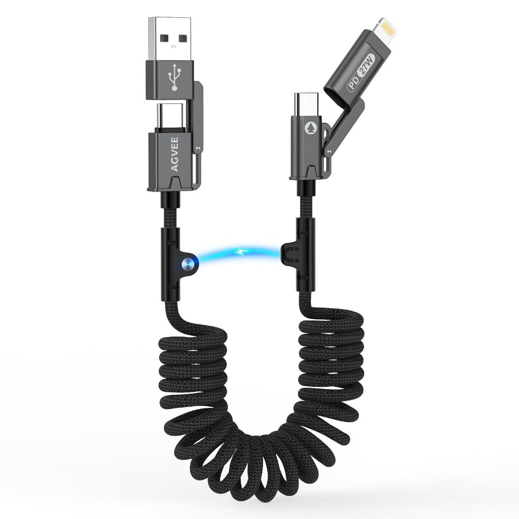 AGVEE 1.5ft 4-in-1 Coiled Multi Charging Charger Data Sync Cable