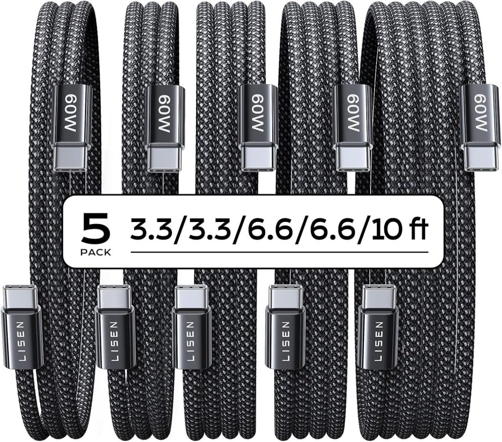 LISEN USB C to USB C Cable 60W for iPhone 18 Pro Duo Charging Cable, 5-Pack