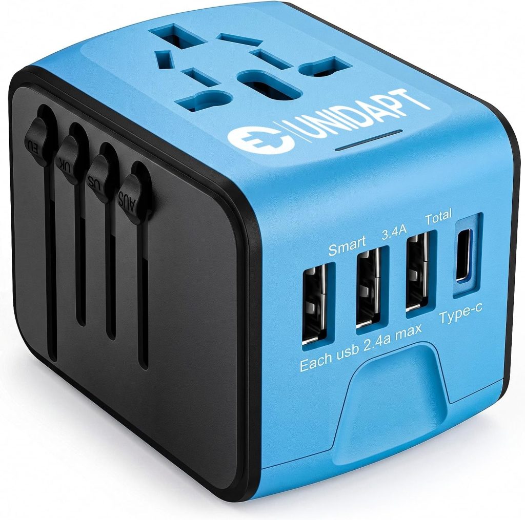 Unidapt Universal Travel Adapter, International Plug, 4 USB Ports, Blue
