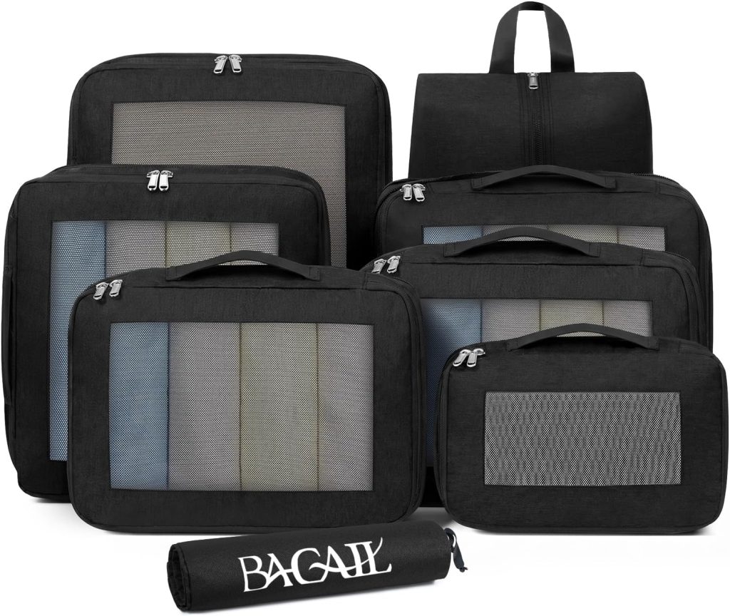 BAGAIL Compression Packing Cubes for Travel Essentials, 8 Set-Black