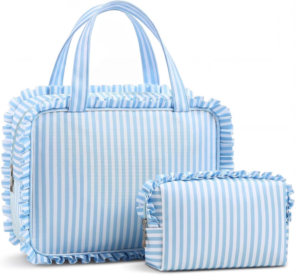 Kigeli 2 Pcs Ruffle Makeup Bag Set Large Travel Cosmetic Bag, Blue Stripe
