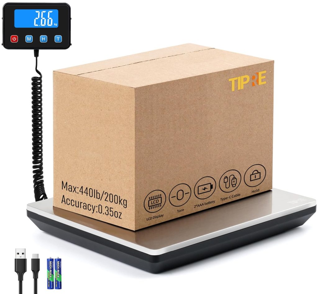 Shipping Scale 440lbs for Packages, Heavy Duty Digital Postal Scale with LCD Display 0.35 oz High Precision Express Scale with Type-C Charging & Batteries Smart Hold/Tare for Small Business Home