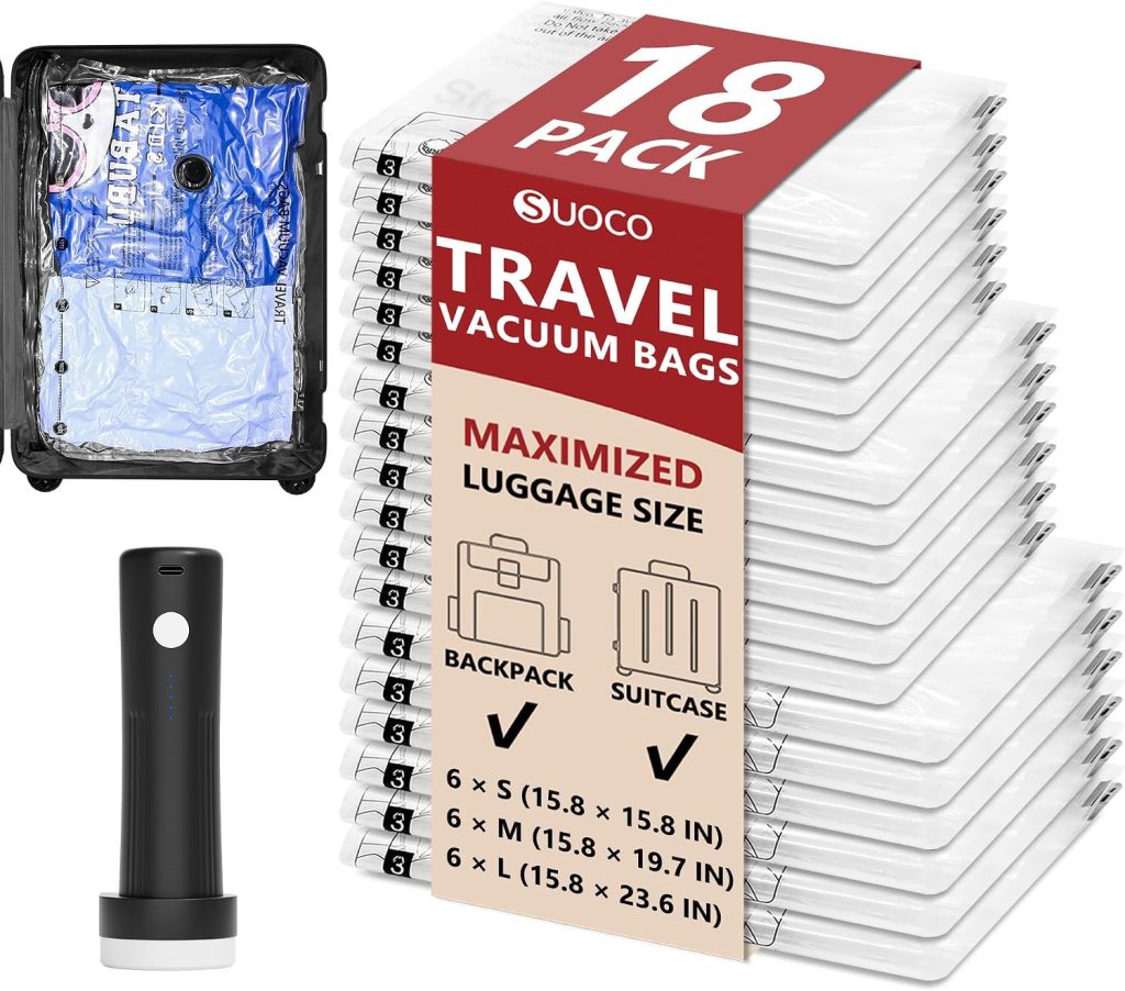 SUOCO Travel Vacuum Bags with Rechargeable Pump, 18 Combo, Clear