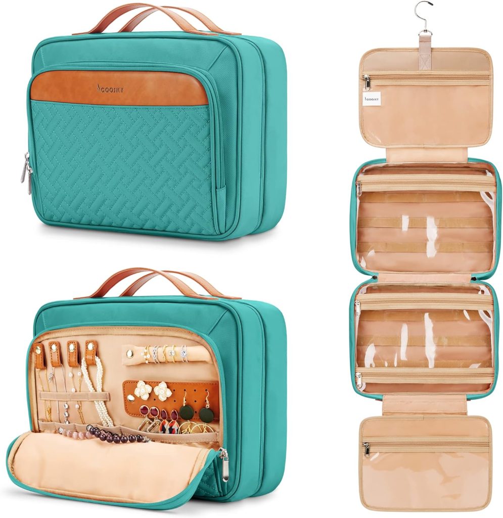 Travel Hanging Toiletry Bag for Women, Cruise Ship Essentials, with Jewelry Organizer, Extra Large Makeup Dopp Kit, Waterproof Cosmetic Bags, Toiletries Kit Set with Trolley Belt, Blue