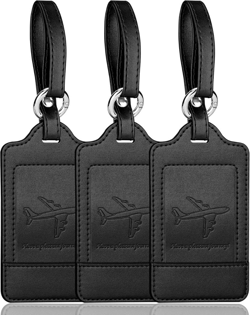 Teskyer Leather Luggage Tags for Suitcases, 3 Pack, Black