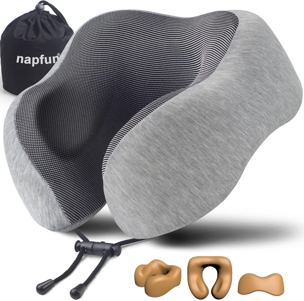 napfun Neck Pillow for Traveling, Upgraded Travel Neck Pillow for Airplane 100% Pure Memory Foam Travel Pillow for Flight Headrest Sleep, Portable Plane Accessories, Light Grey