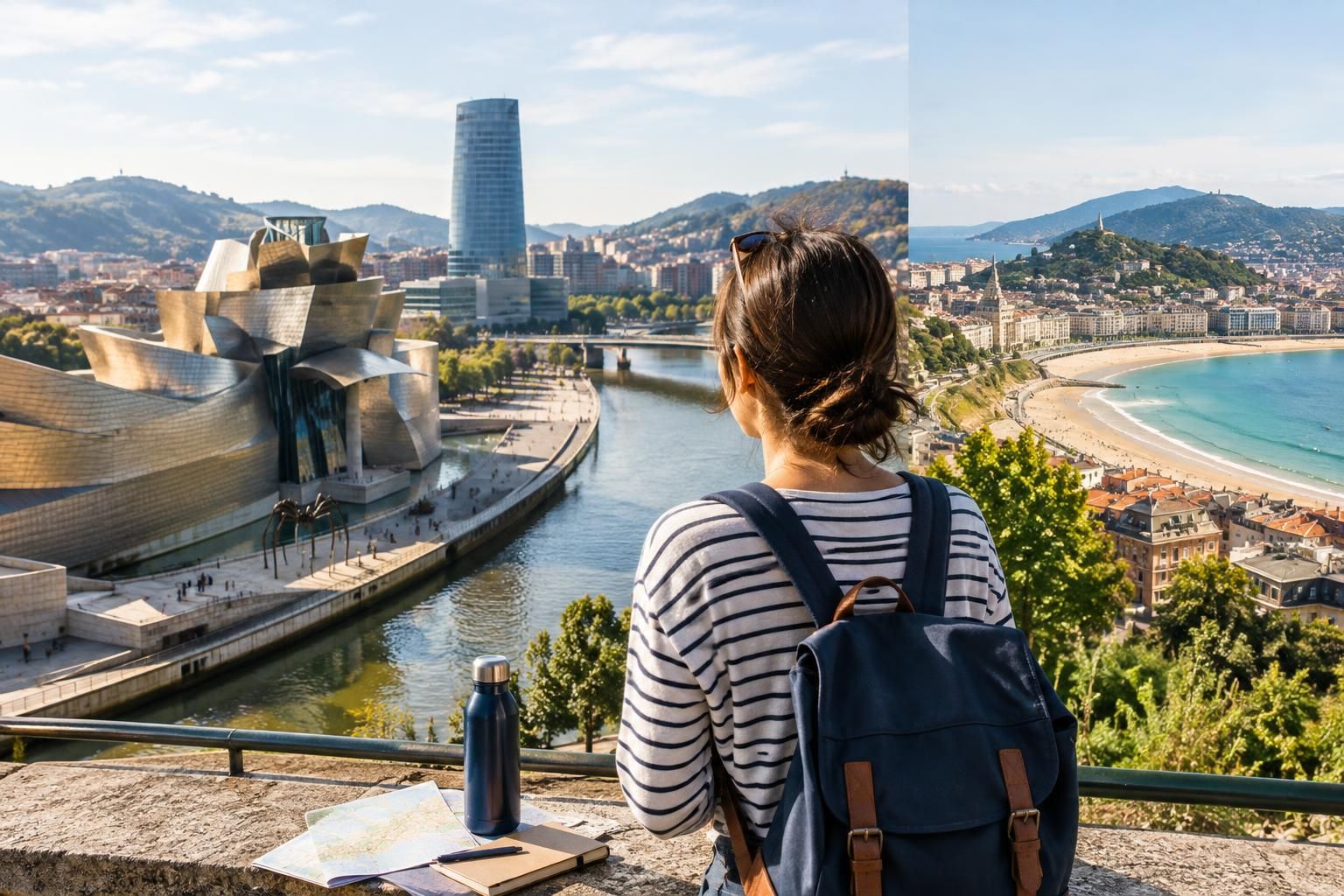 AI-generated travel illustration for Bilbao and San Sebastián Without a Car: Planning a Two-Base Basque Country Trip