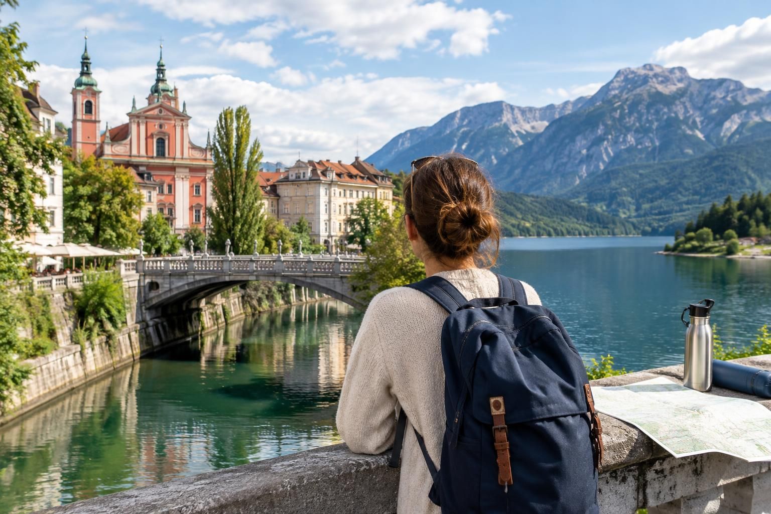 AI-generated travel illustration for Ljubljana and Lake Bohinj: Planning a Two-Base Slovenia Trip