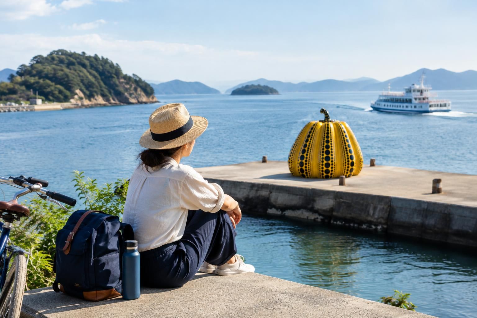 AI-generated travel illustration for Japan’s Setouchi Islands: Planning an Art-Focused Trip Without Ferry Stress