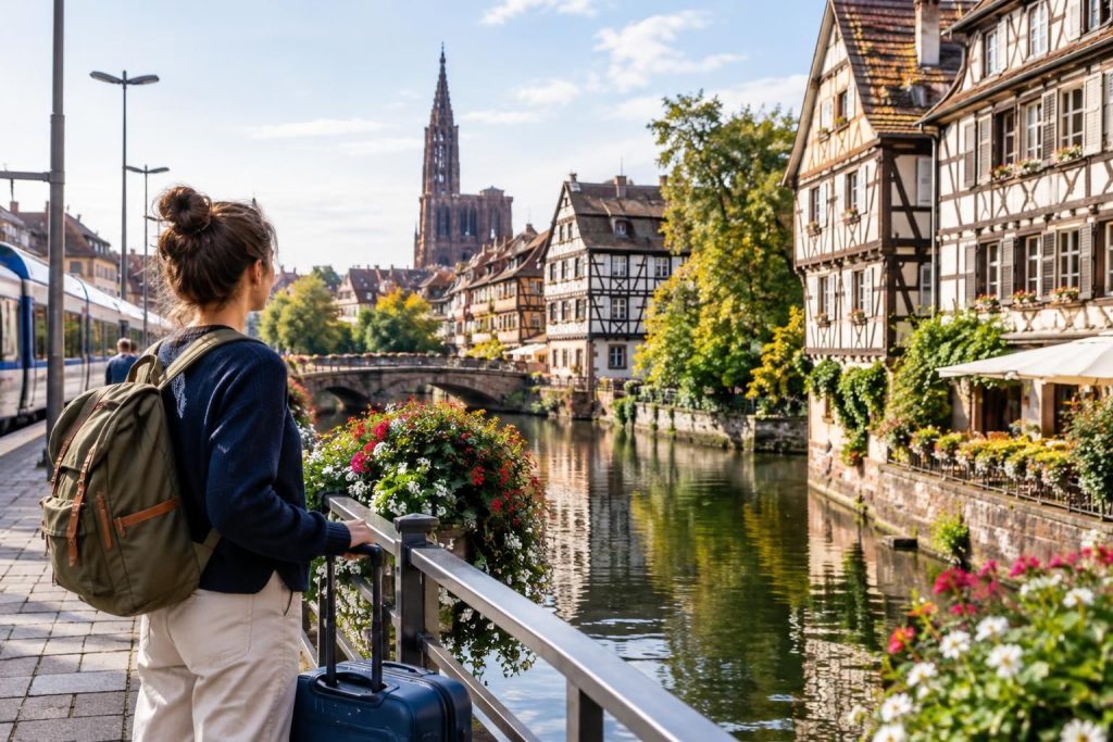 AI-generated travel illustration for Alsace Without a Car: Planning a Strasbourg and Colmar Rail Trip