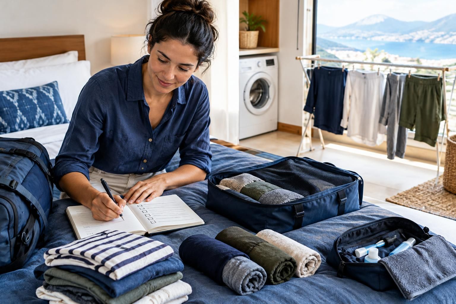 AI-generated travel illustration for How to Plan Laundry on a Longer Trip and Pack Less