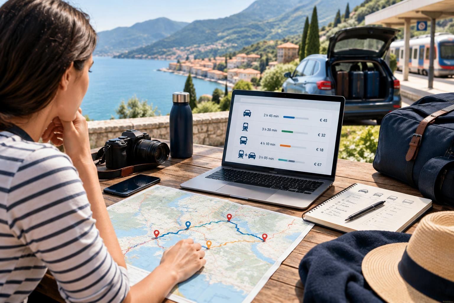 AI-generated travel illustration for Rental Car or Public Transport? How to Choose for Each Part of Your Trip