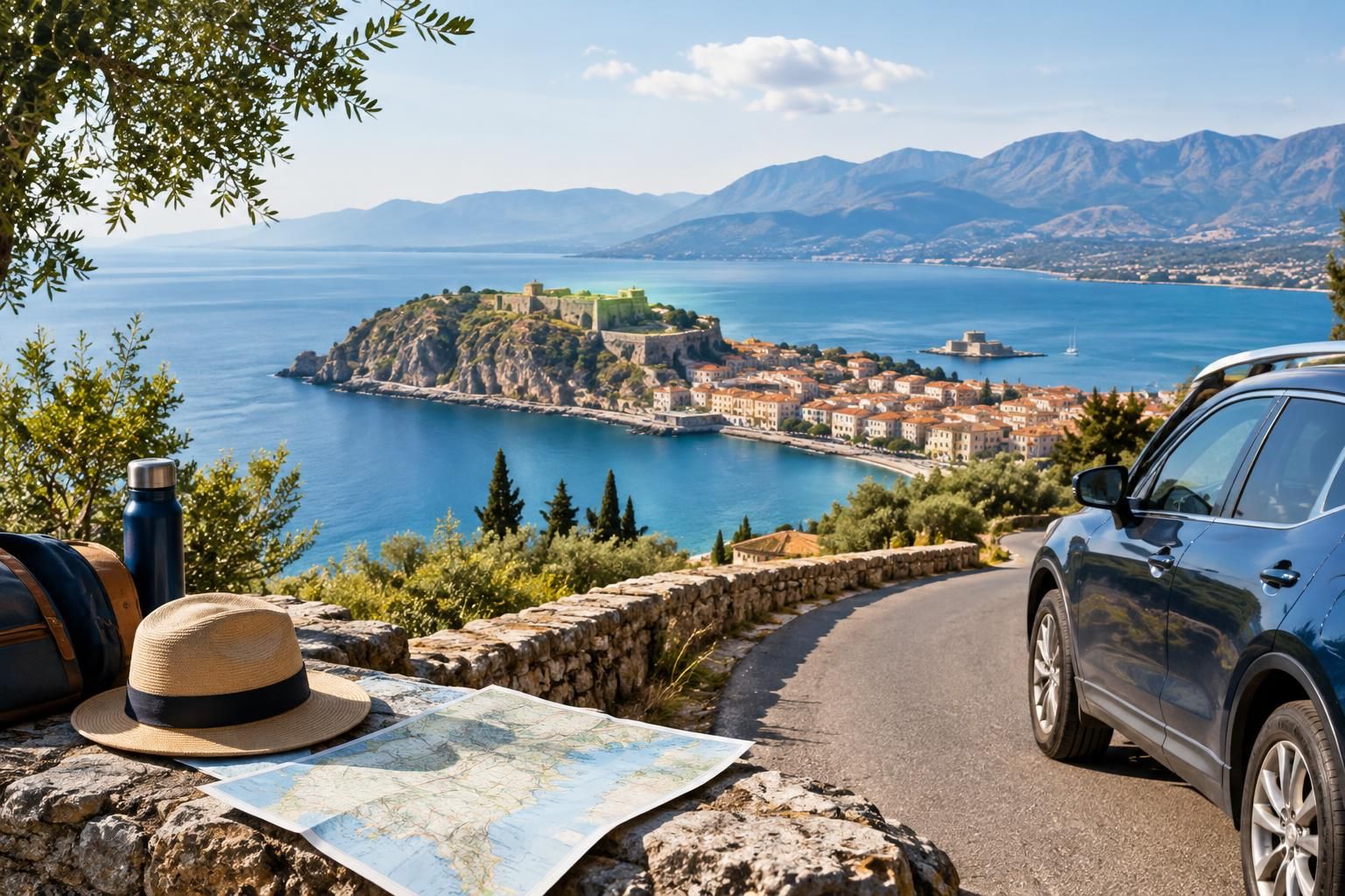 AI-generated travel illustration for An Eight-Night Peloponnese Road Trip: Nafplio, Mountain Villages and Navarino Bay