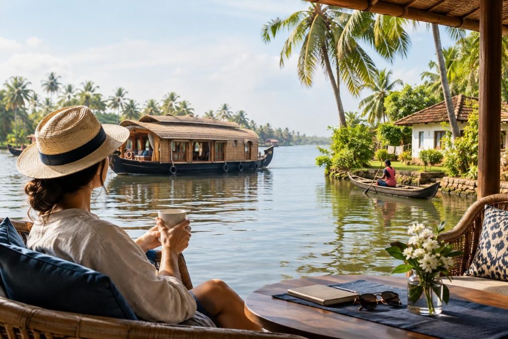 AI-generated travel illustration for Kerala Backwaters: How to Choose Between a Houseboat and a Village Stay