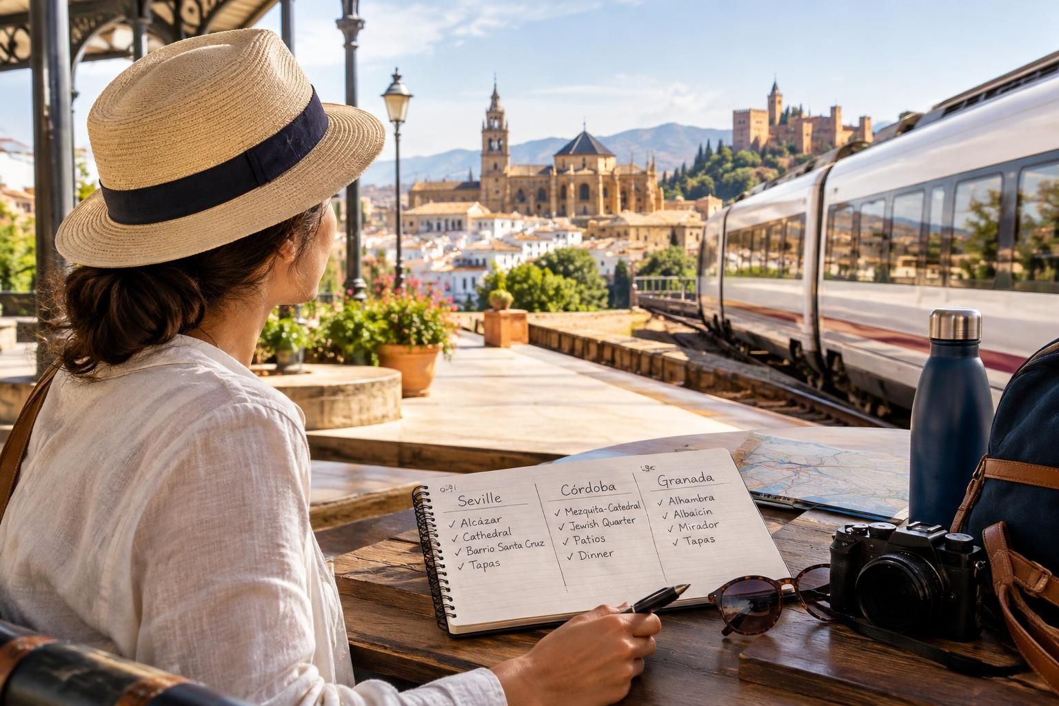 AI-generated travel illustration for Andalusia by Train: Planning Nine Nights in Seville, Córdoba and Granada