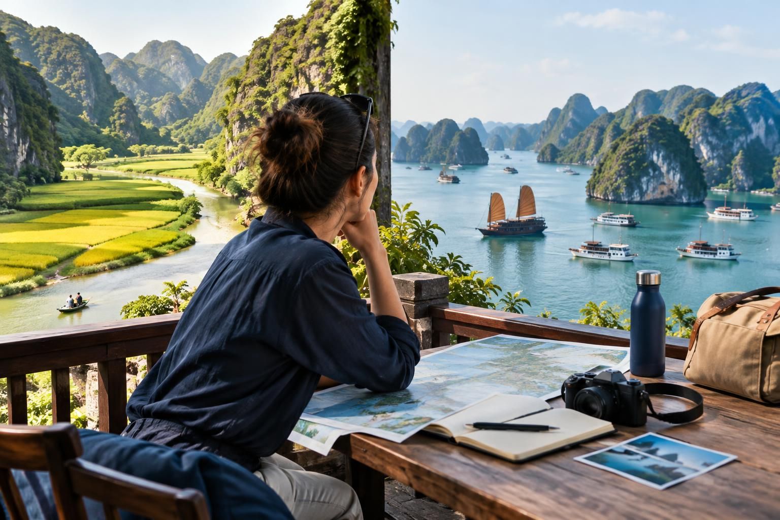AI-generated travel illustration for Ninh Binh or Ha Long Bay: Choosing a Scenic Side Trip from Hanoi