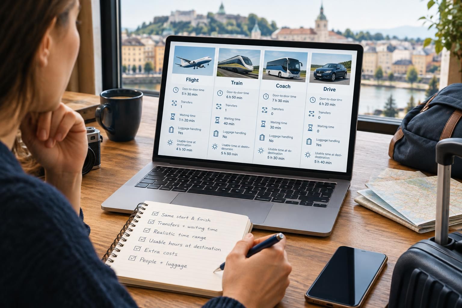 AI-generated travel illustration for How to Compare Travel Options Using Door-to-Door Time