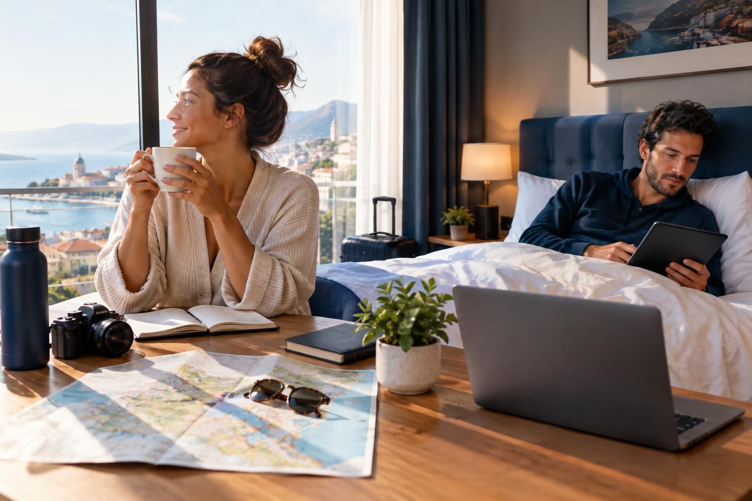 AI-generated travel illustration for How to Plan a Trip When You and Your Travel Partner Keep Different Hours