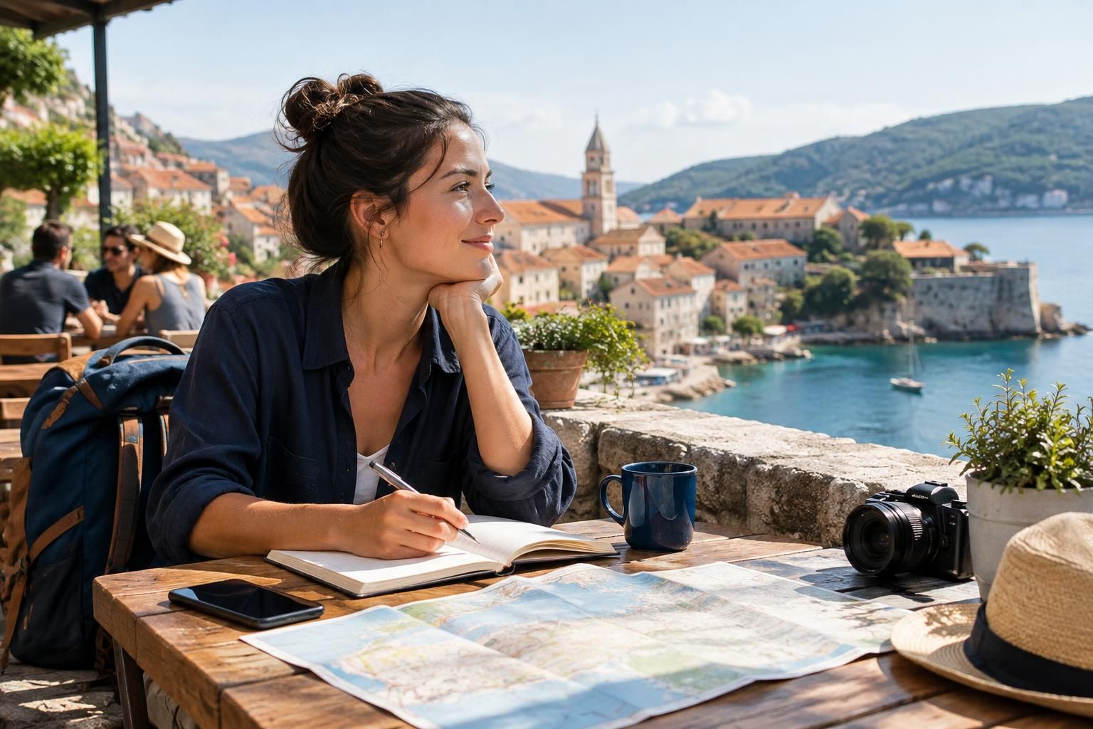 AI-generated travel illustration for How to Plan a Solo Trip With the Right Balance of Company and Time Alone