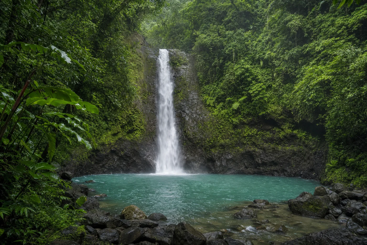A waterfall and turquoise pool surrounded by rainforest